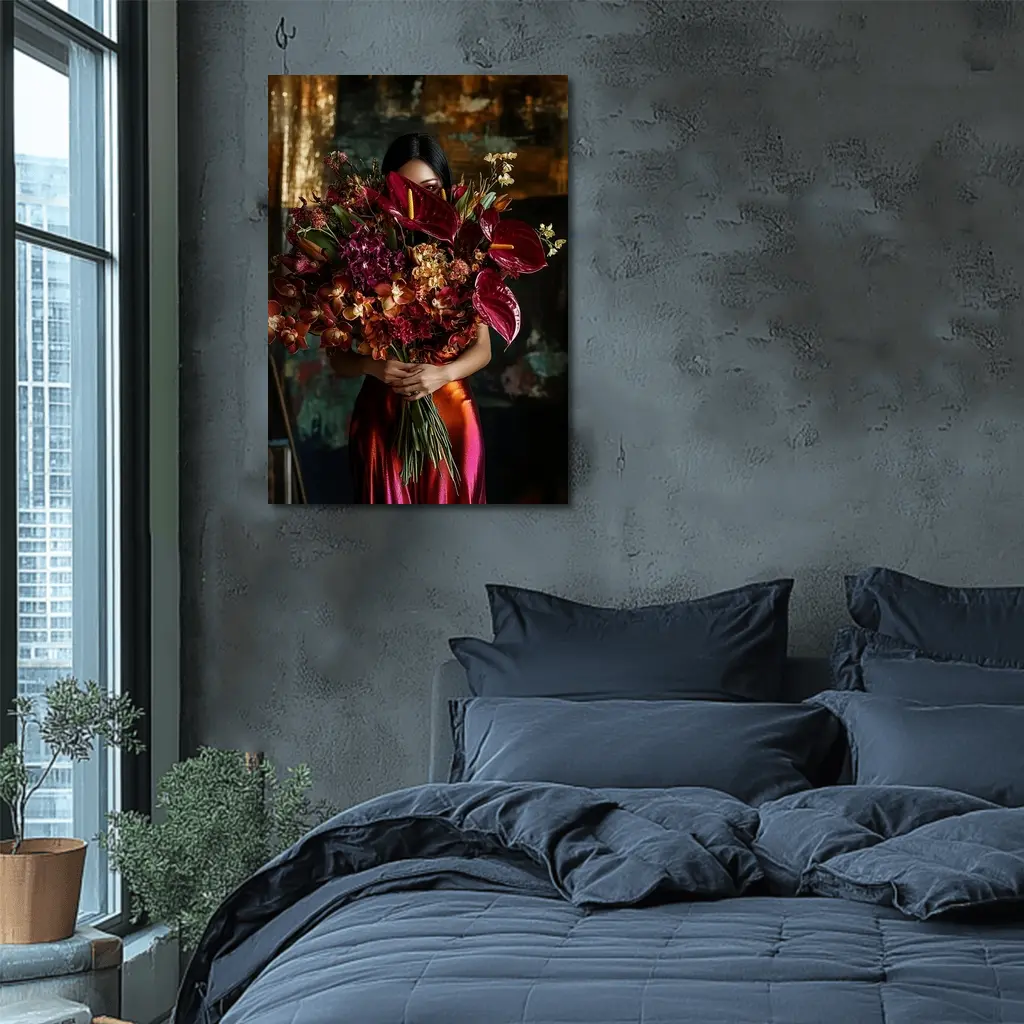 Woman Holding Red Floral Bouquet Dark Background – Wall Art