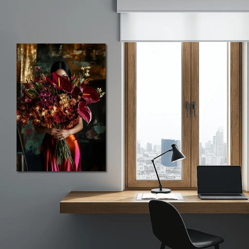 Woman Holding Red Floral Bouquet Dark Background – Wall Art