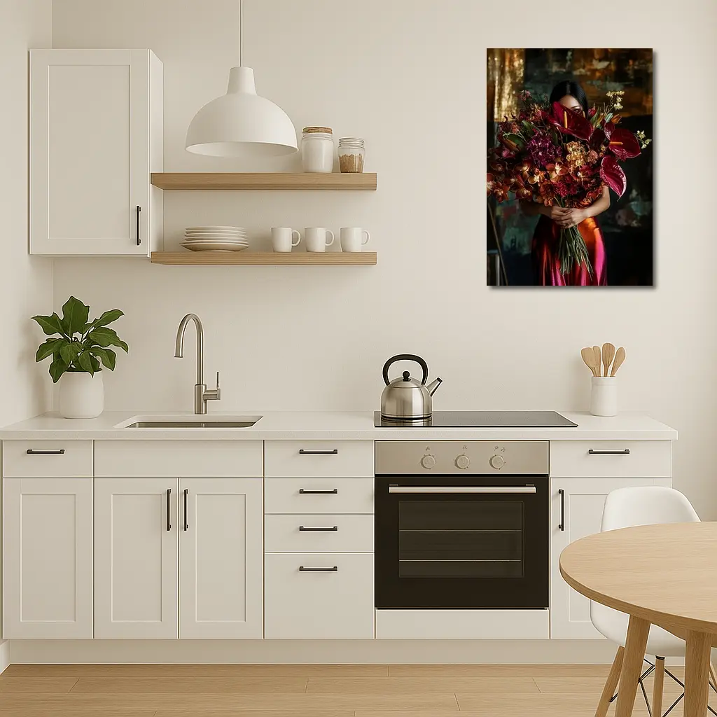 Woman Holding Red Floral Bouquet Dark Background – Wall Art