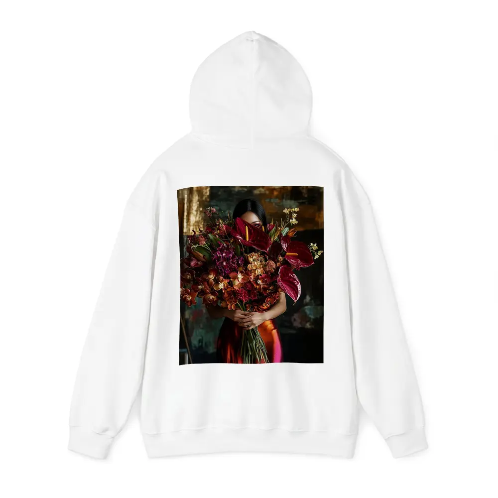 Woman Holding Red Floral Bouquet Dark Background – Hoodies