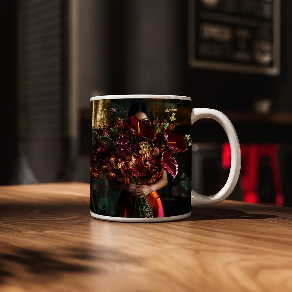 Woman Holding Red Floral Bouquet Dark Background – Mugs