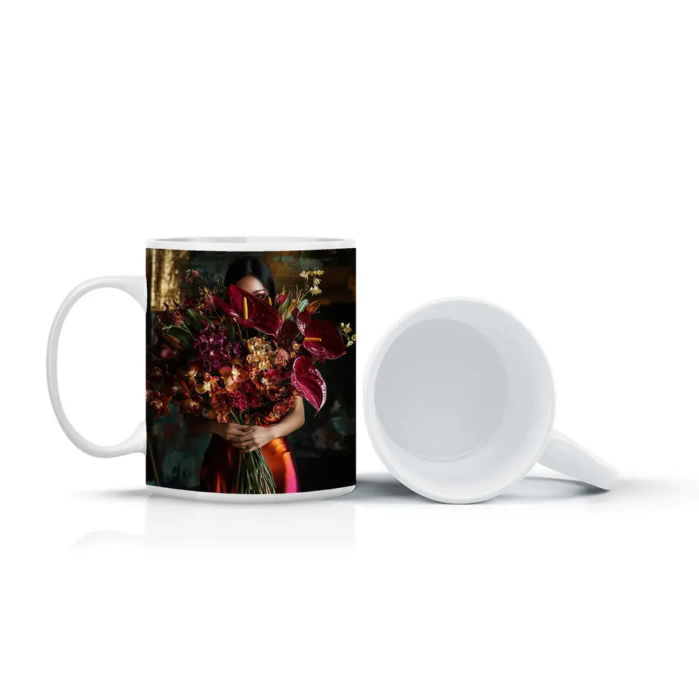 Woman Holding Red Floral Bouquet Dark Background – Mugs