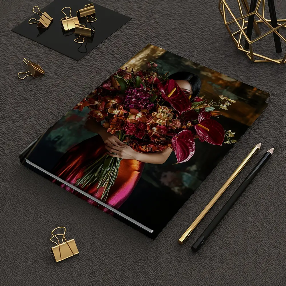 Woman Holding Red Floral Bouquet Dark Background – Notebooks