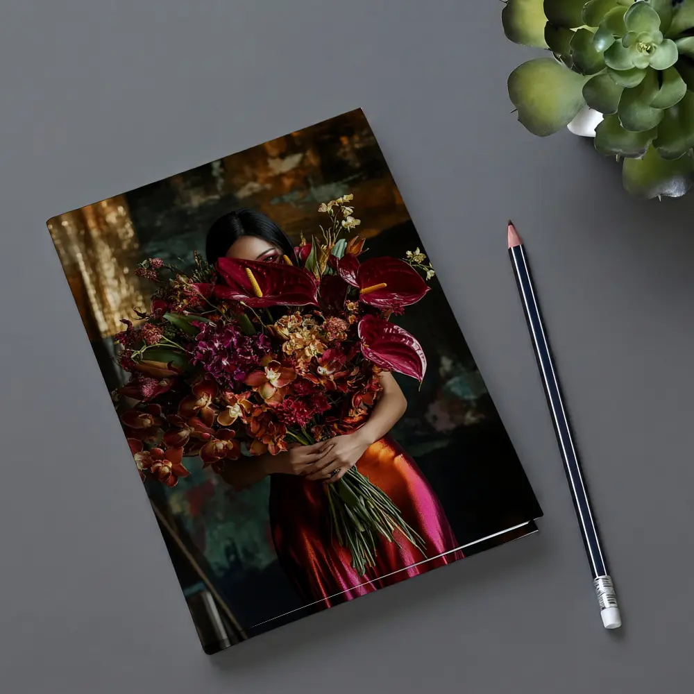 Woman Holding Red Floral Bouquet Dark Background – Notebooks