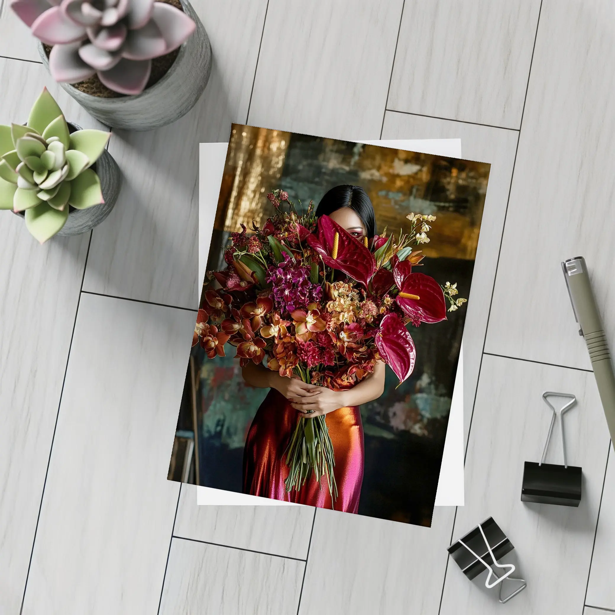 Woman Holding Red Floral Bouquet Dark Background – Postcards