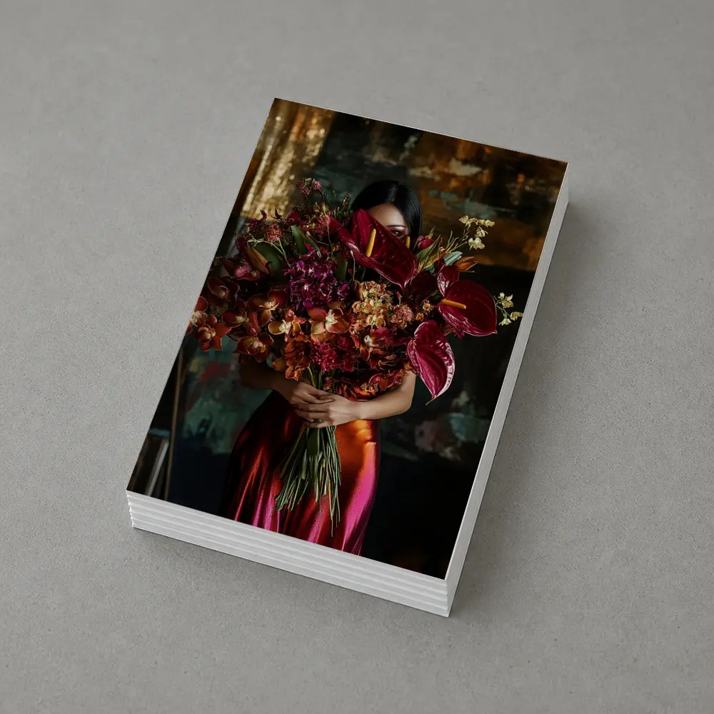 Woman Holding Red Floral Bouquet Dark Background – Postcards