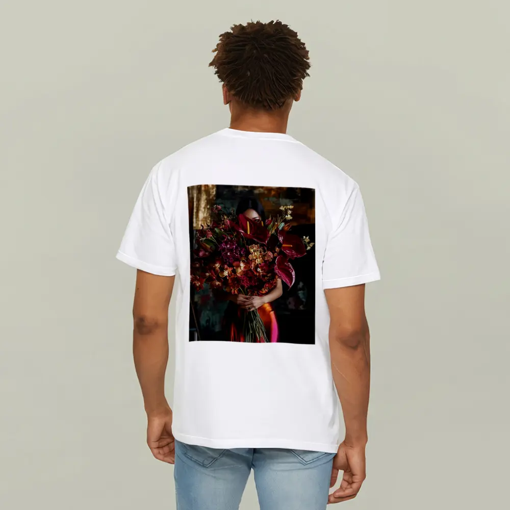 Woman Holding Red Floral Bouquet Dark Background – T-Shirts