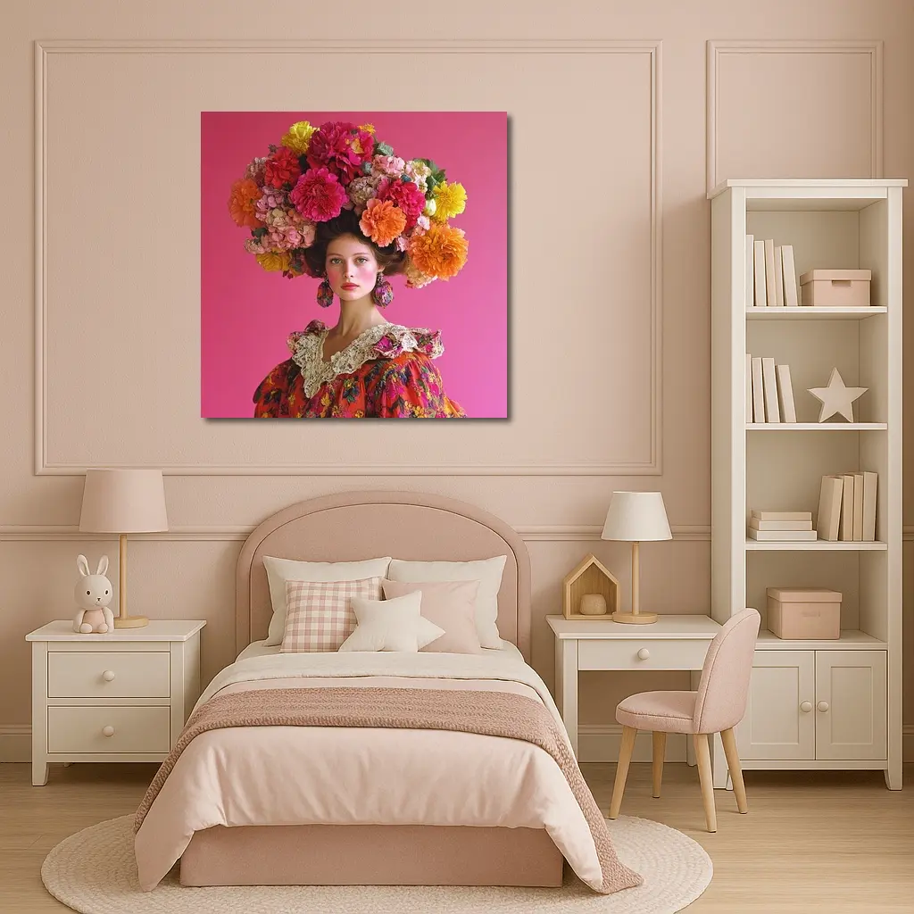 Woman Floral Headdress Pink Background Fashion Portrait – Wall Art