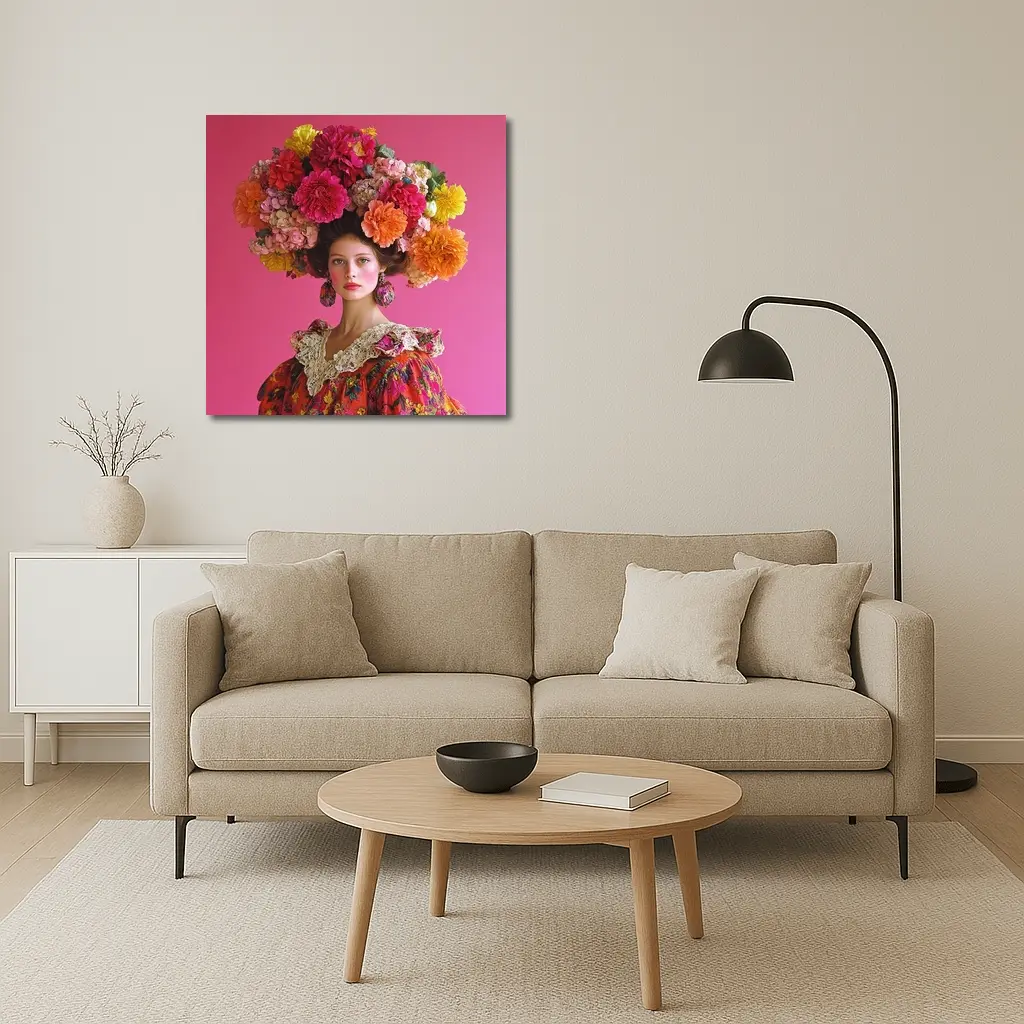 Woman Floral Headdress Pink Background Fashion Portrait – Wall Art