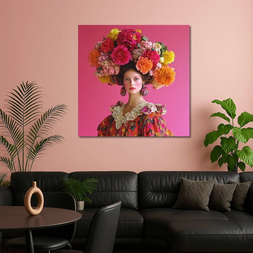 Woman Floral Headdress Pink Background Fashion Portrait – Wall Art