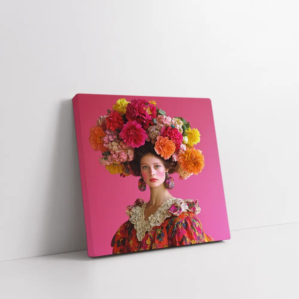 Woman Floral Headdress Pink Background Fashion Portrait – Wall Art