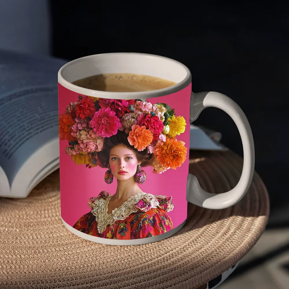 Woman Floral Headdress Pink Background Fashion Portrait – Mugs