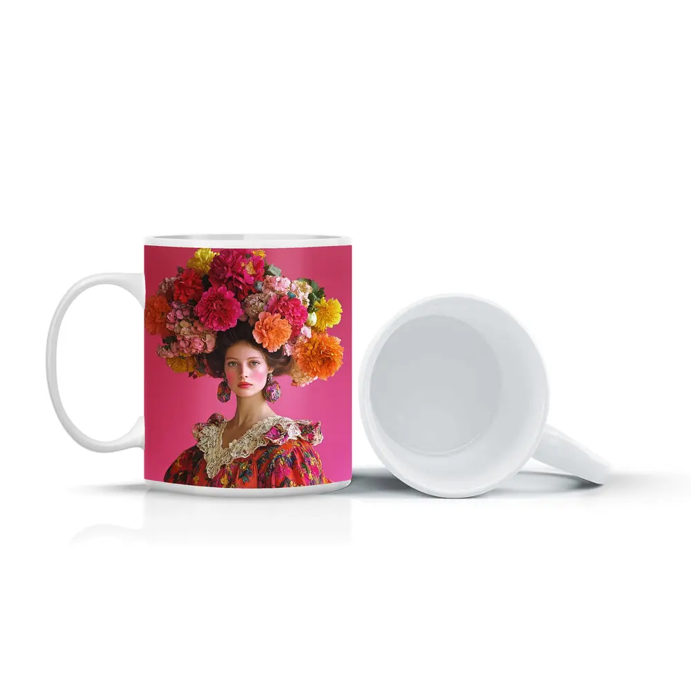 Woman Floral Headdress Pink Background Fashion Portrait – Mugs