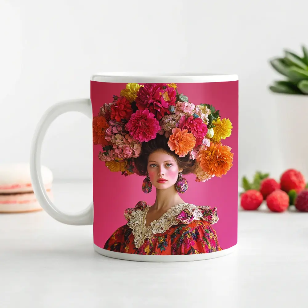 Woman Floral Headdress Pink Background Fashion Portrait – Mugs