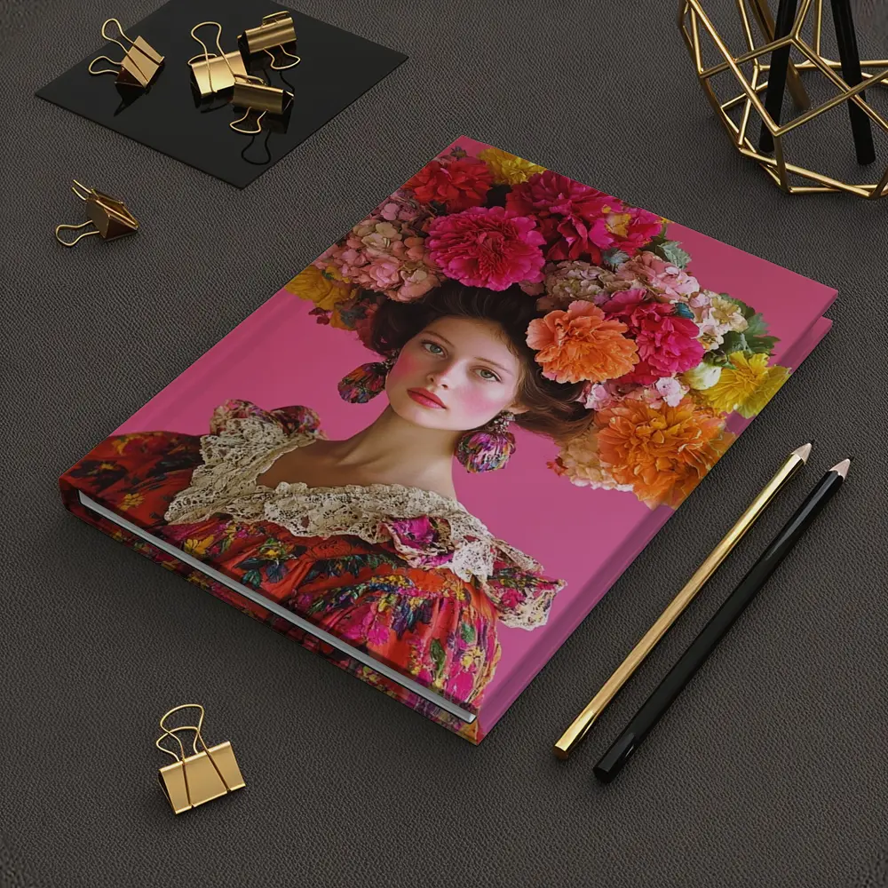 Woman Floral Headdress Pink Background Fashion Portrait – Notebooks