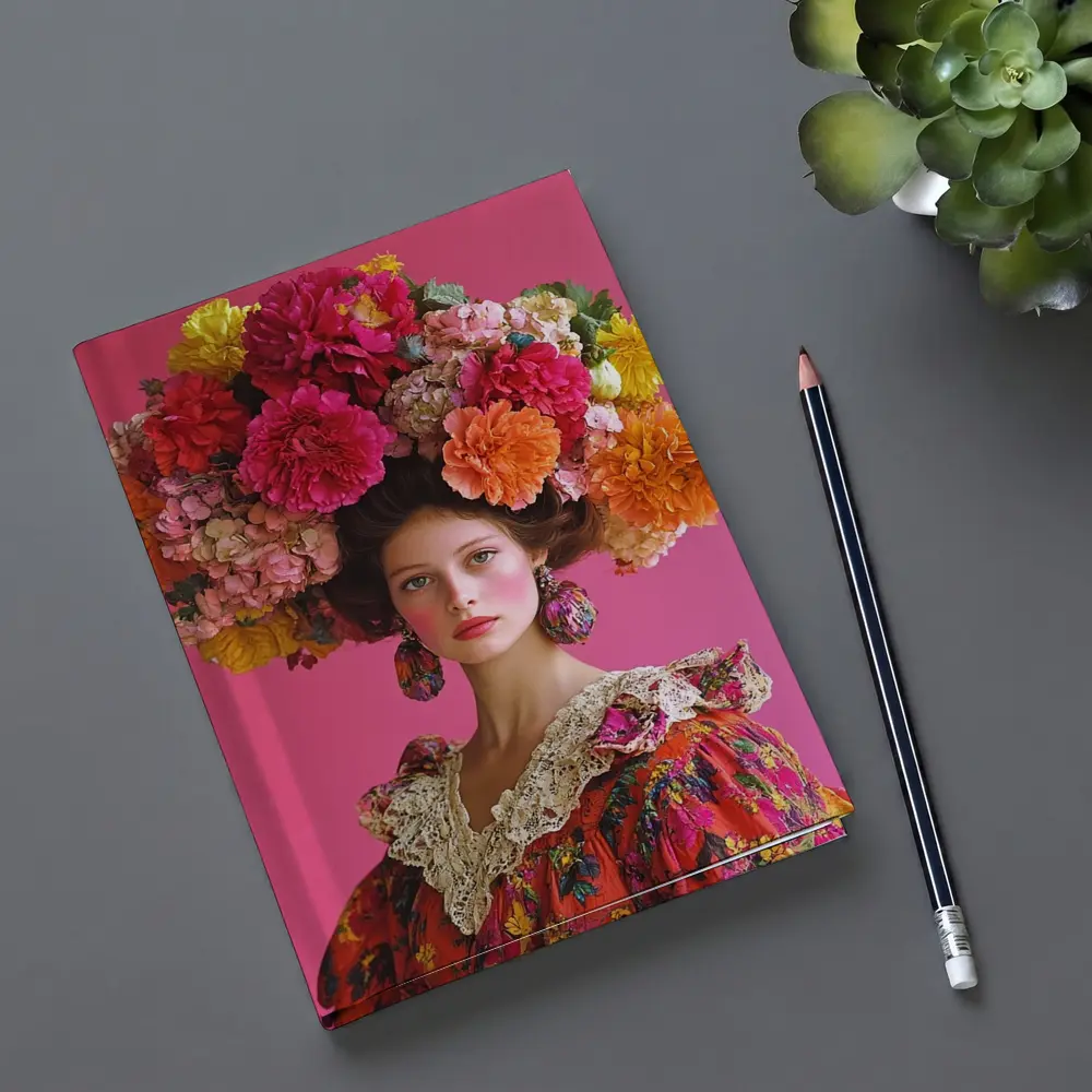 Woman Floral Headdress Pink Background Fashion Portrait – Notebooks