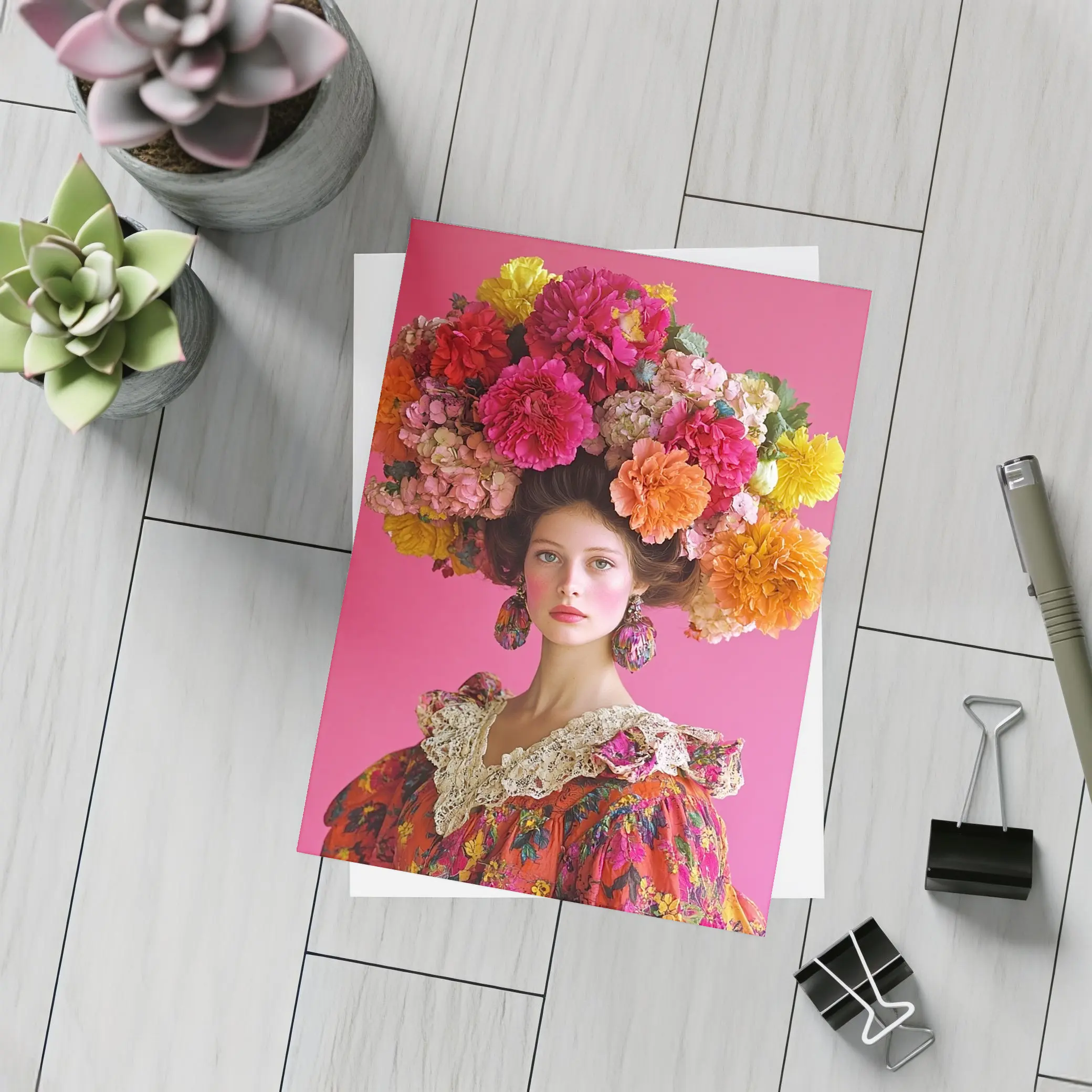 Woman Floral Headdress Pink Background Fashion Portrait – Postcards