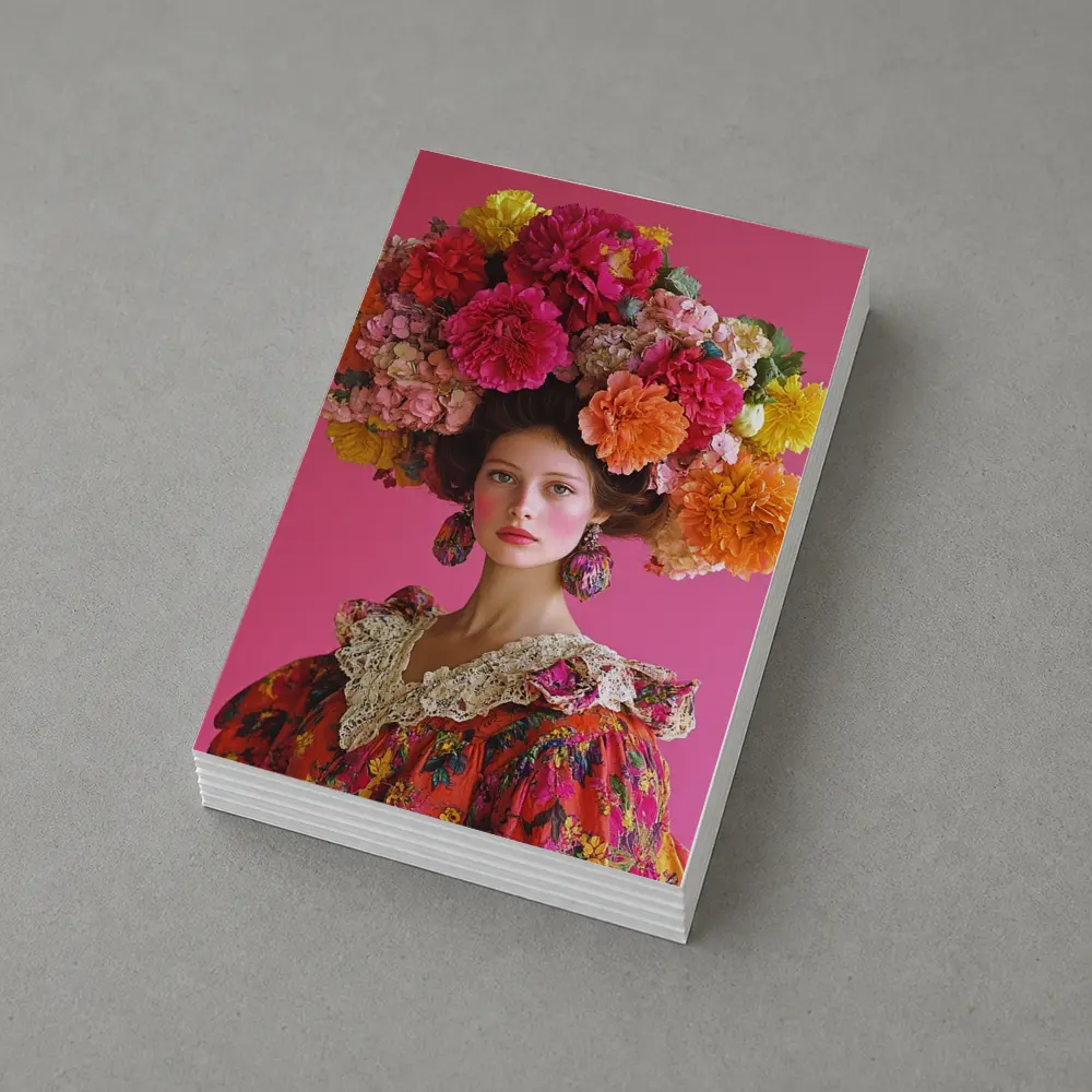 Woman Floral Headdress Pink Background Fashion Portrait – Postcards