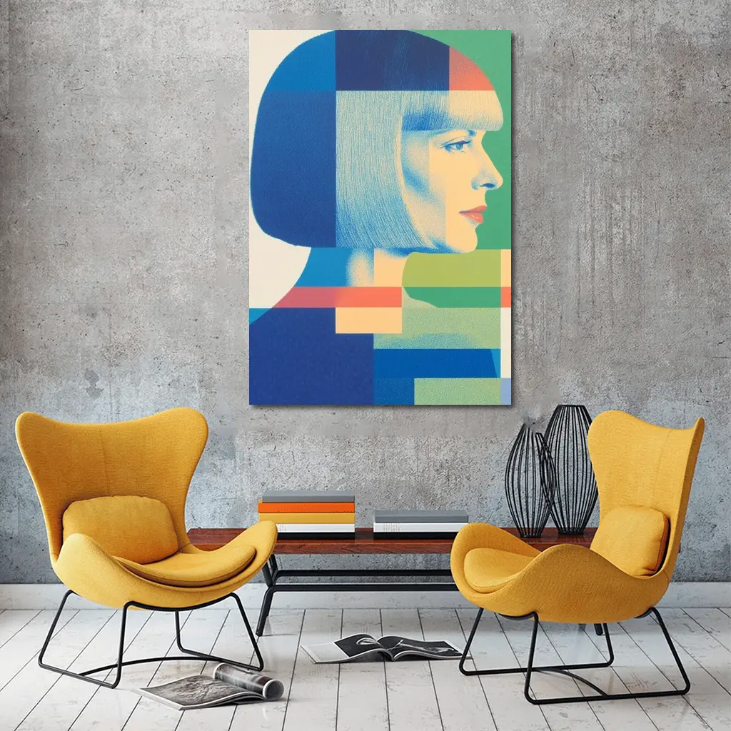 Geometric Bauhaus Woman Portrait Blue Blocks – Wall Art