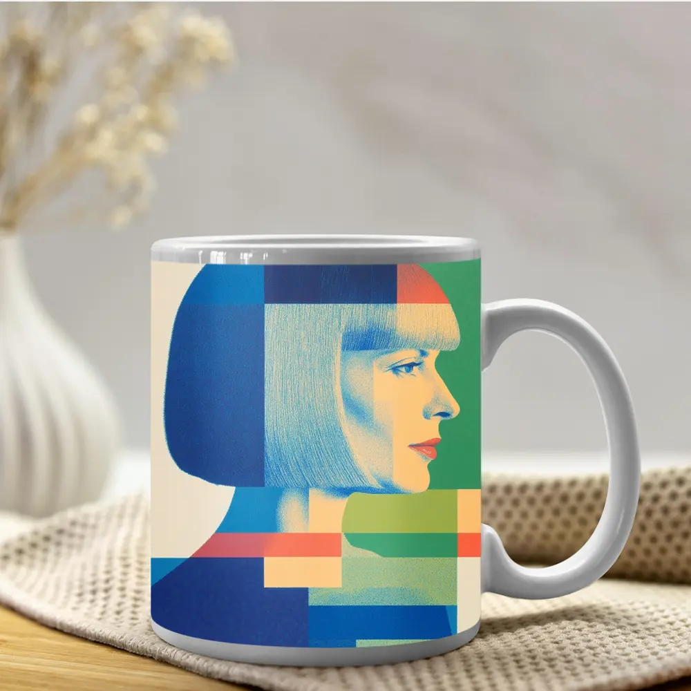 Geometric Bauhaus Woman Portrait Blue Blocks – Mugs