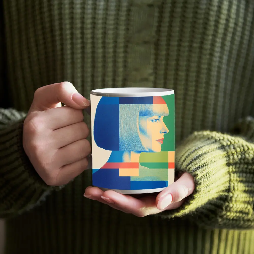 Geometric Bauhaus Woman Portrait Blue Blocks – Mugs