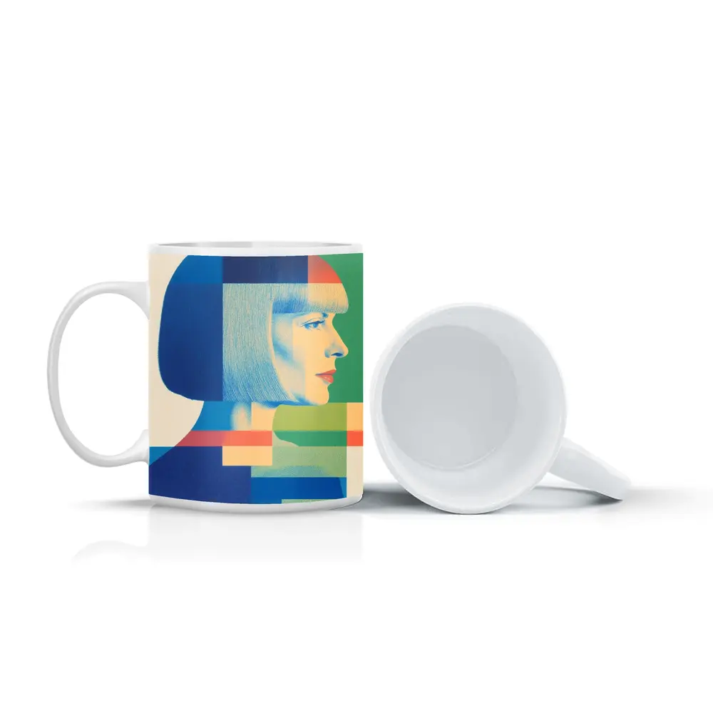 Geometric Bauhaus Woman Portrait Blue Blocks – Mugs
