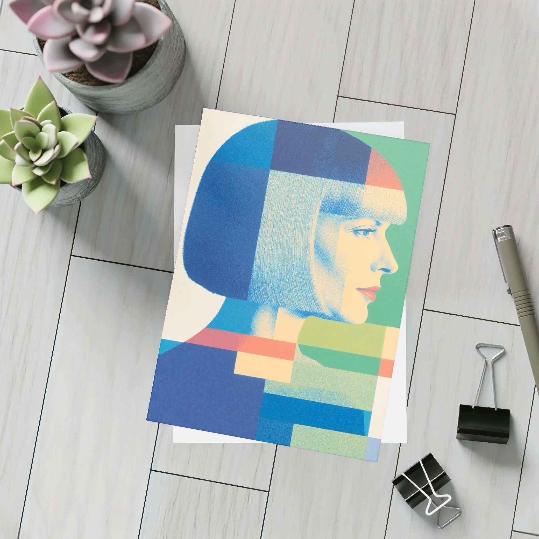 Geometric Bauhaus Woman Portrait Blue Blocks – Postcards