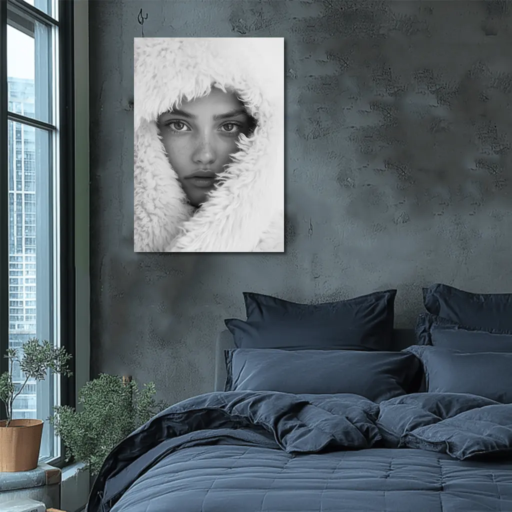 Young Woman Framed in Fluffy White Hood – Wall Art