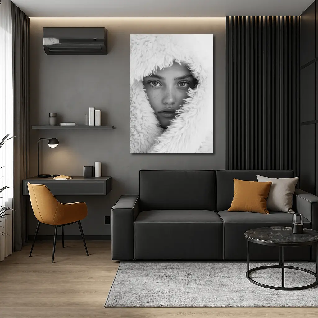 Young Woman Framed in Fluffy White Hood – Wall Art