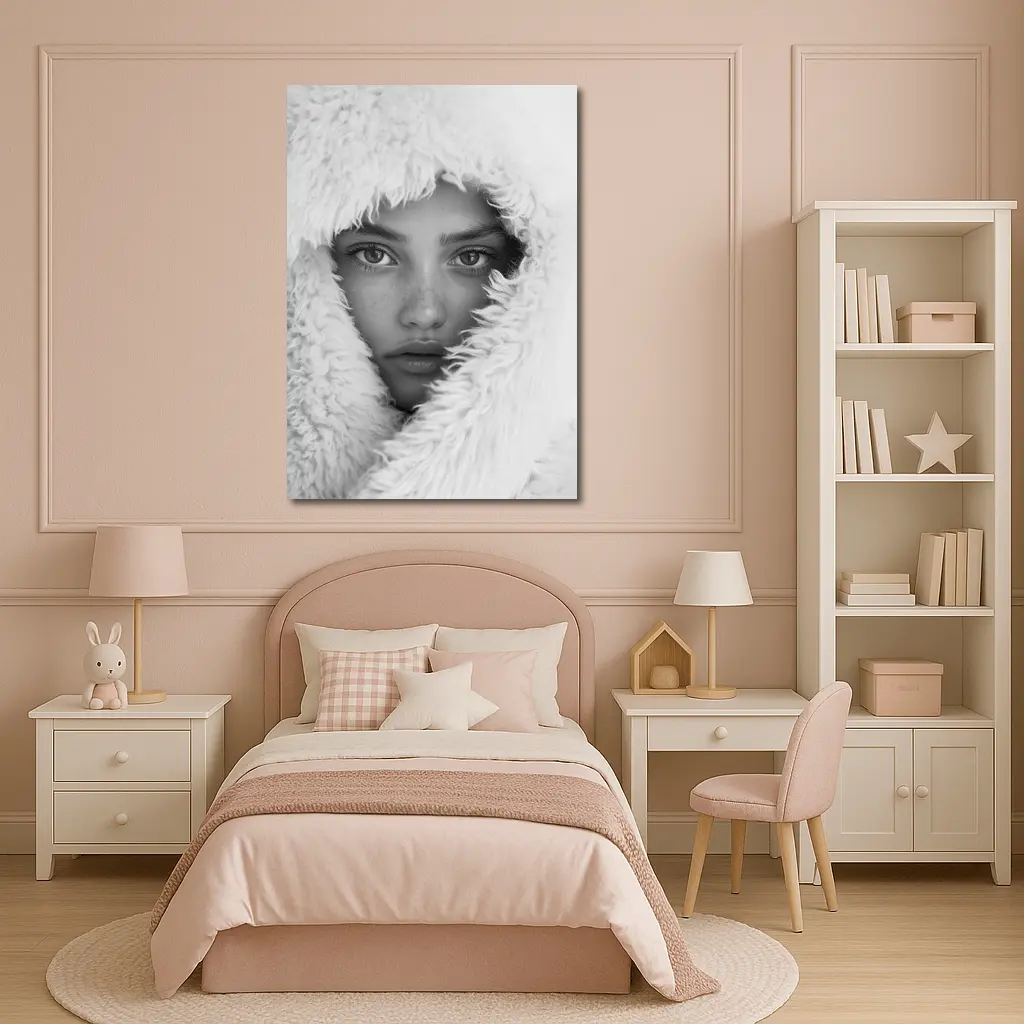 Young Woman Framed in Fluffy White Hood – Wall Art