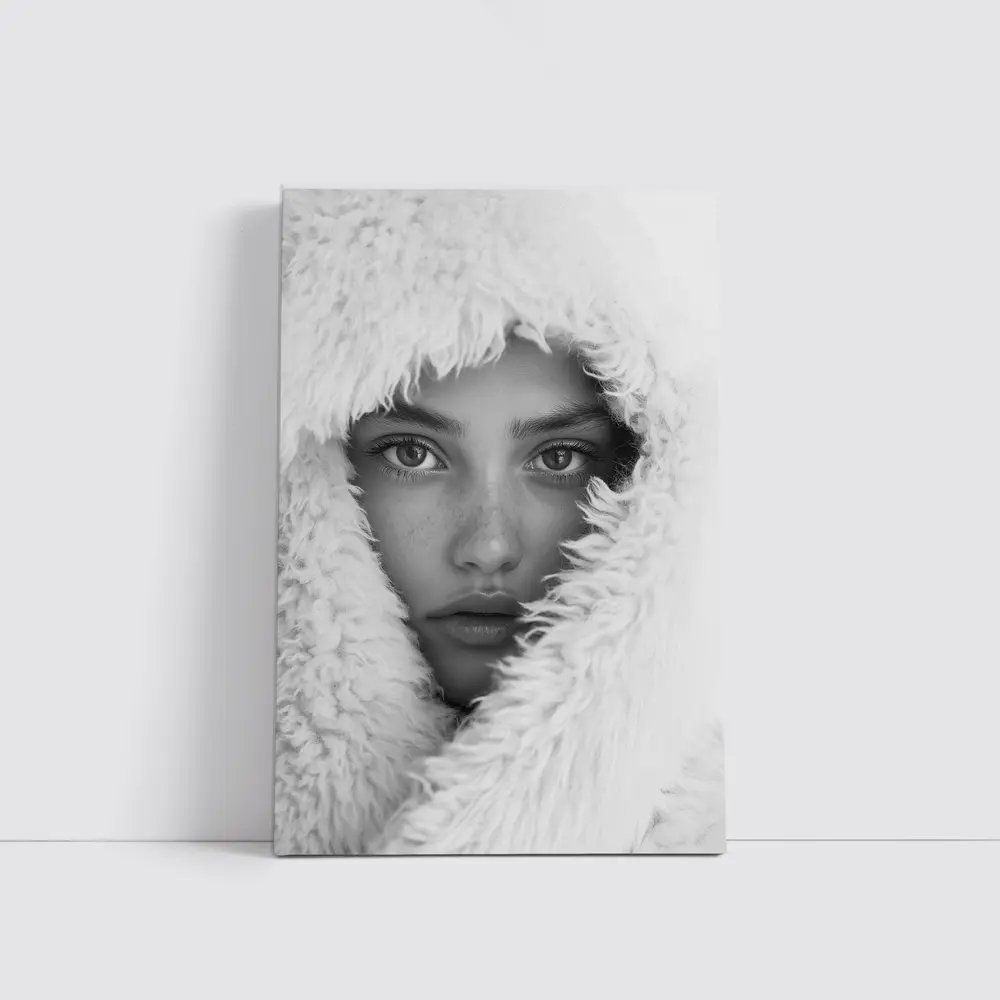 Young Woman Framed in Fluffy White Hood – Wall Art