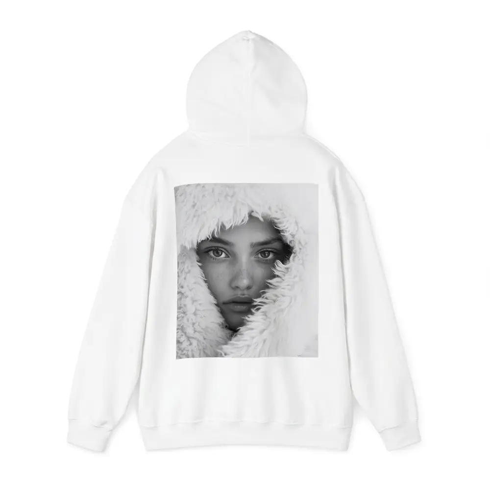 Young Woman Framed in Fluffy White Hood – Hoodies