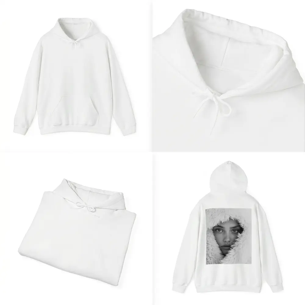 Young Woman Framed in Fluffy White Hood – Hoodies