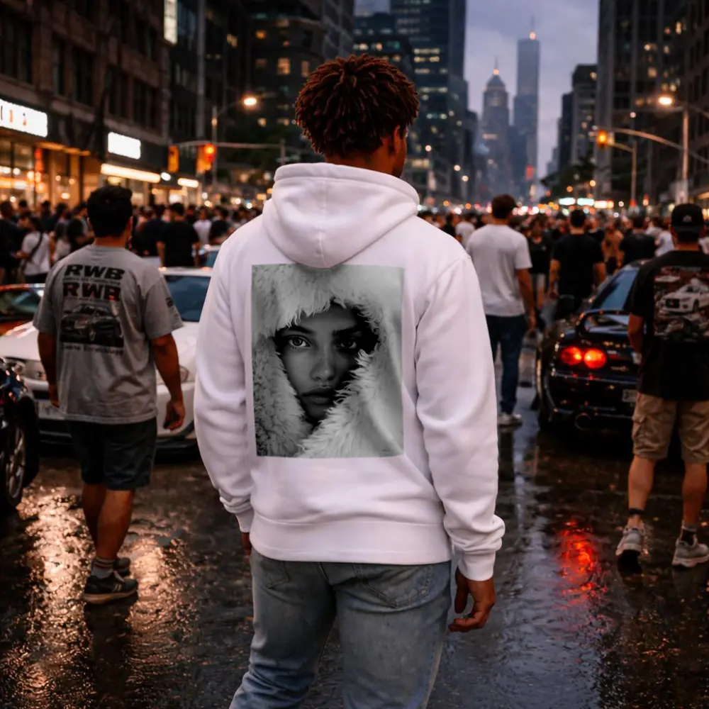 Young Woman Framed in Fluffy White Hood – Hoodies