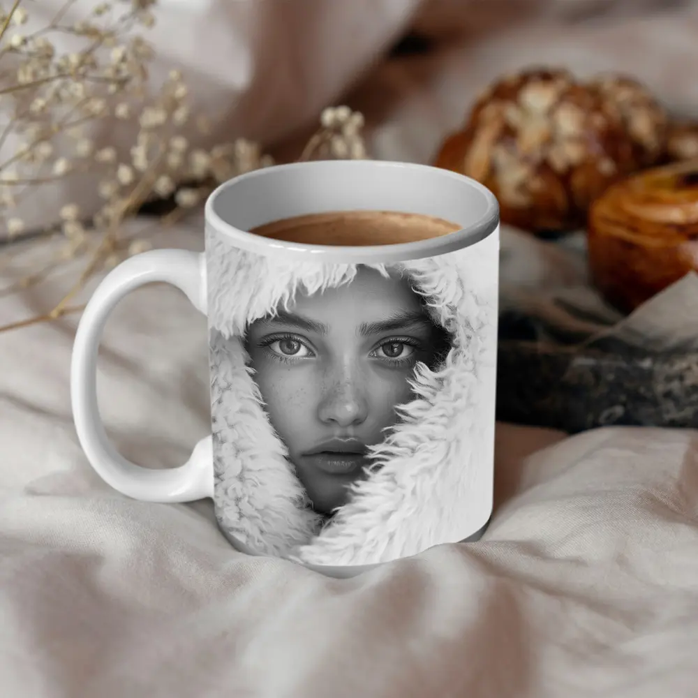 Young Woman Framed in Fluffy White Hood – Mugs