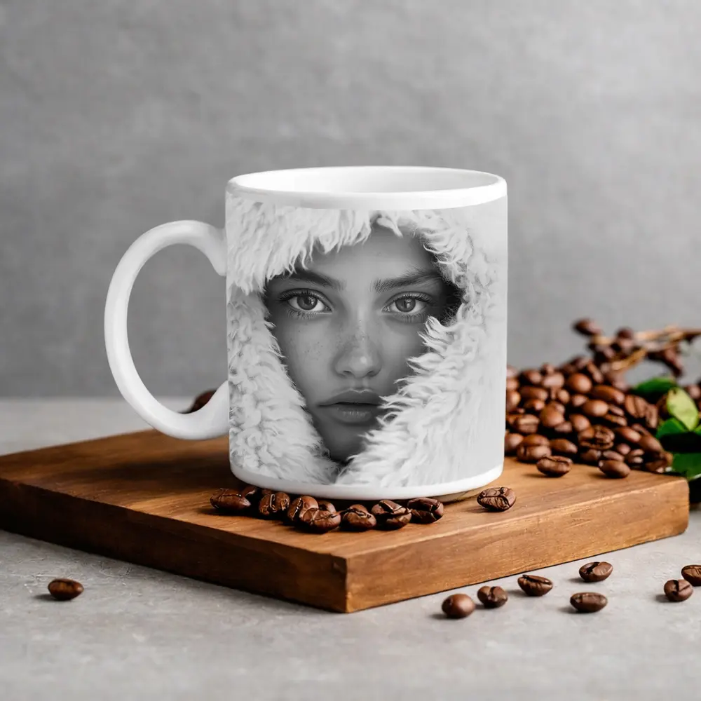 Young Woman Framed in Fluffy White Hood – Mugs