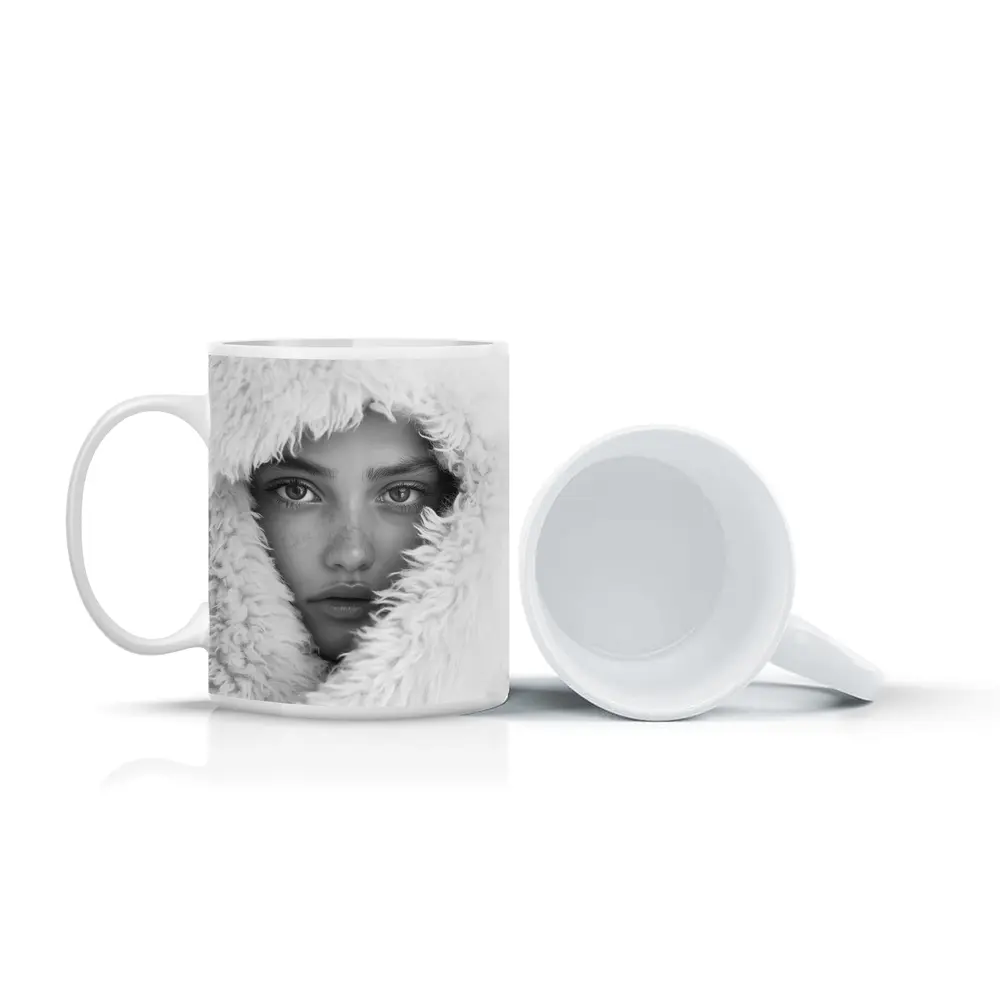 Young Woman Framed in Fluffy White Hood – Mugs