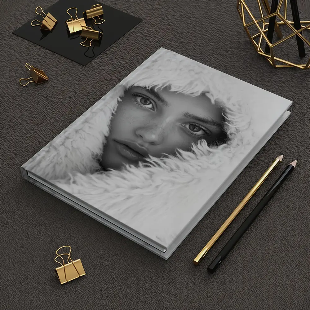 Young Woman Framed in Fluffy White Hood – Notebooks