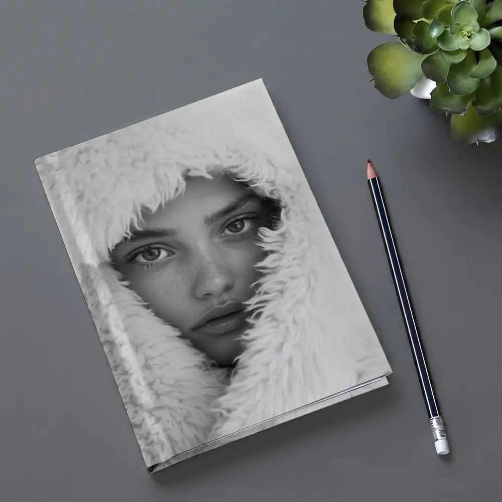 Young Woman Framed in Fluffy White Hood – Notebooks