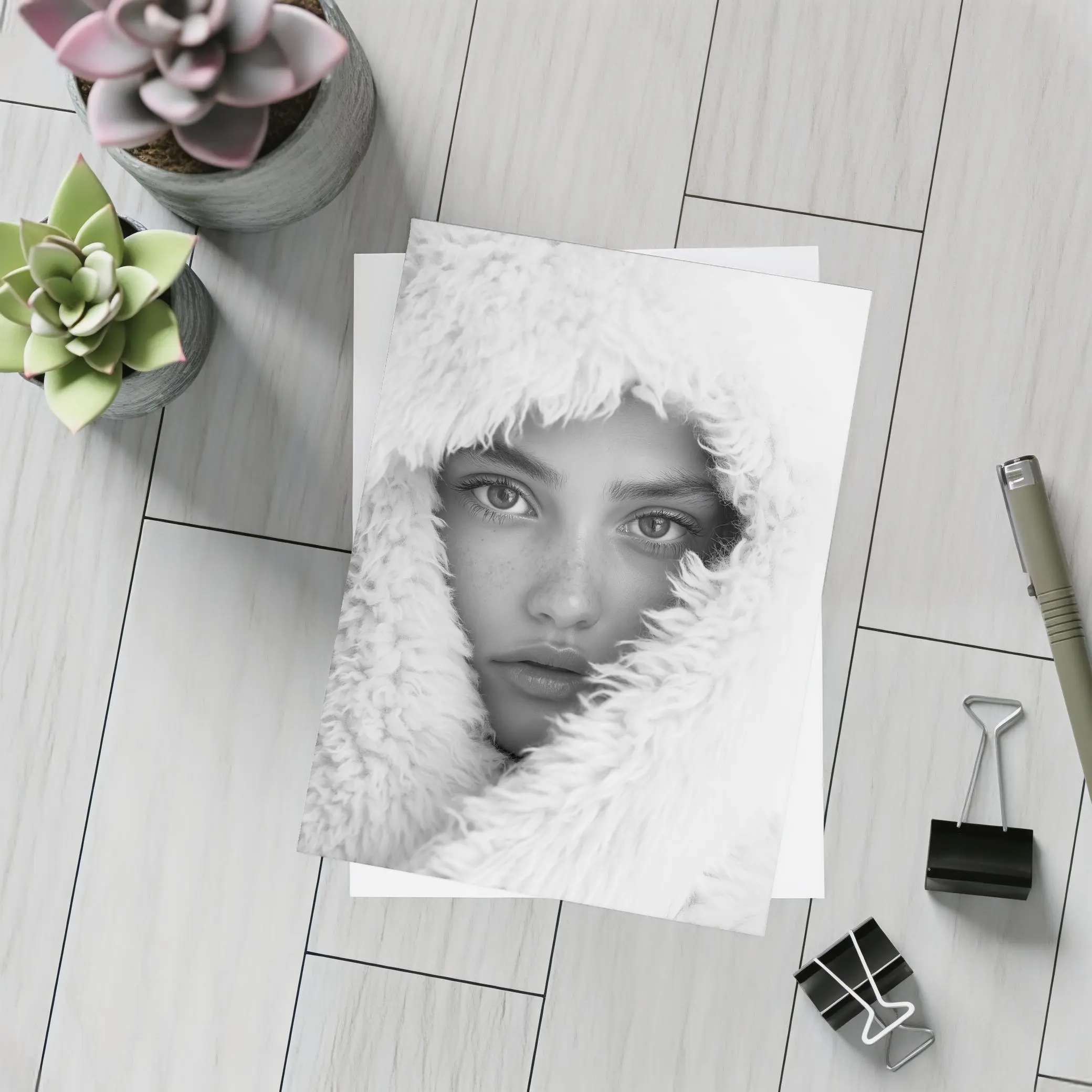 Young Woman Framed in Fluffy White Hood – Postcards
