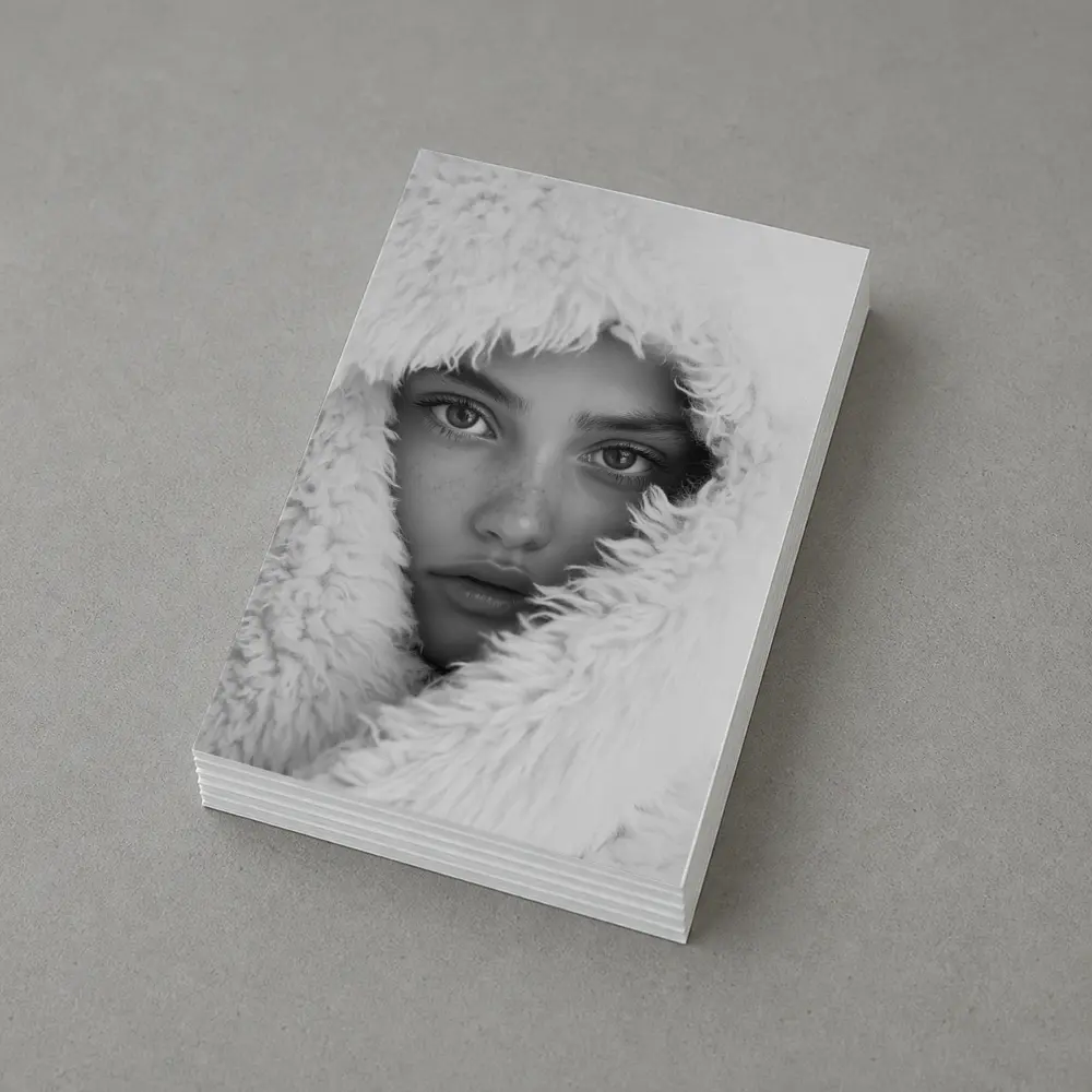 Young Woman Framed in Fluffy White Hood – Postcards