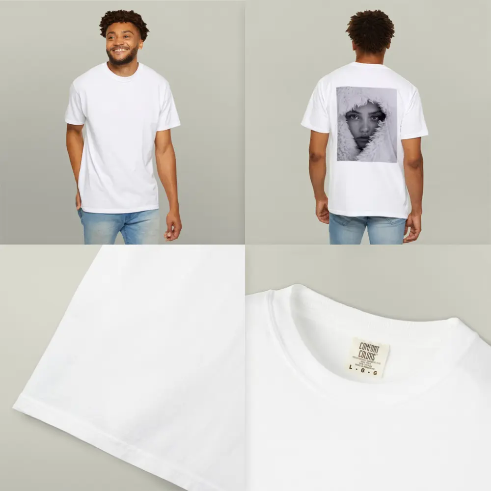 Young Woman Framed in Fluffy White Hood – T-Shirts