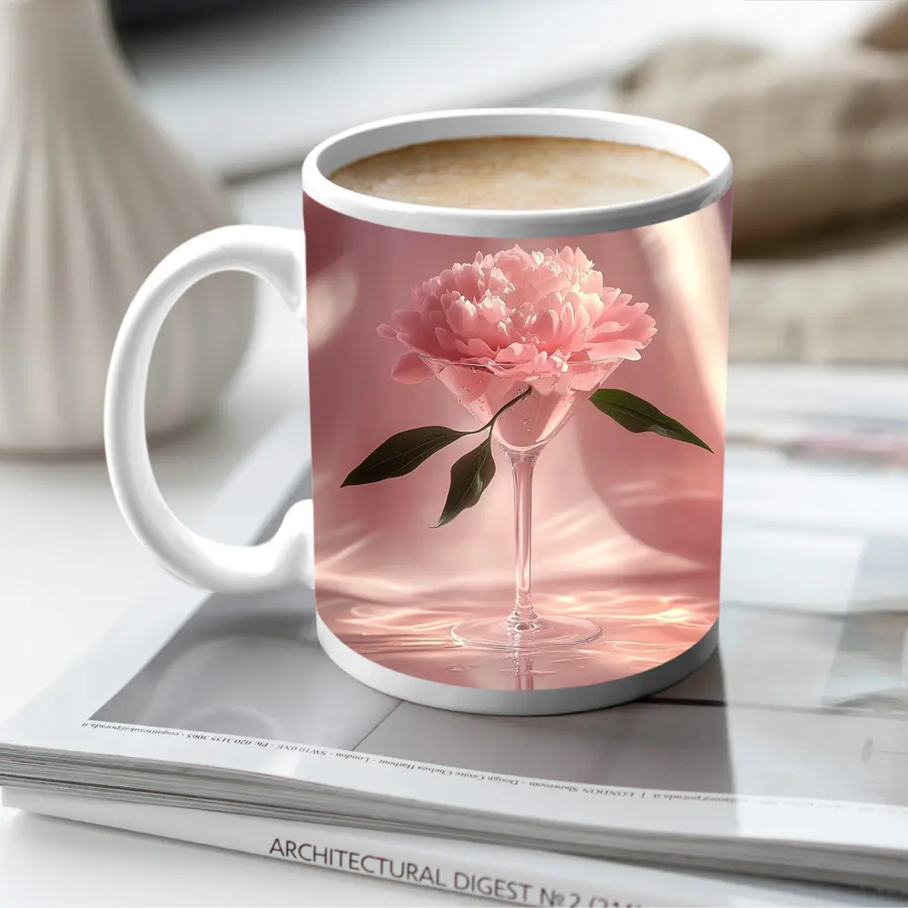 Pink Peony Flower in Glass Pink Background – Mugs