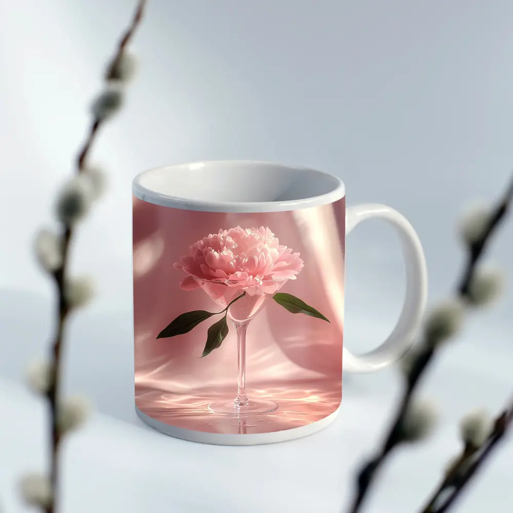 Pink Peony Flower in Glass Pink Background – Mugs