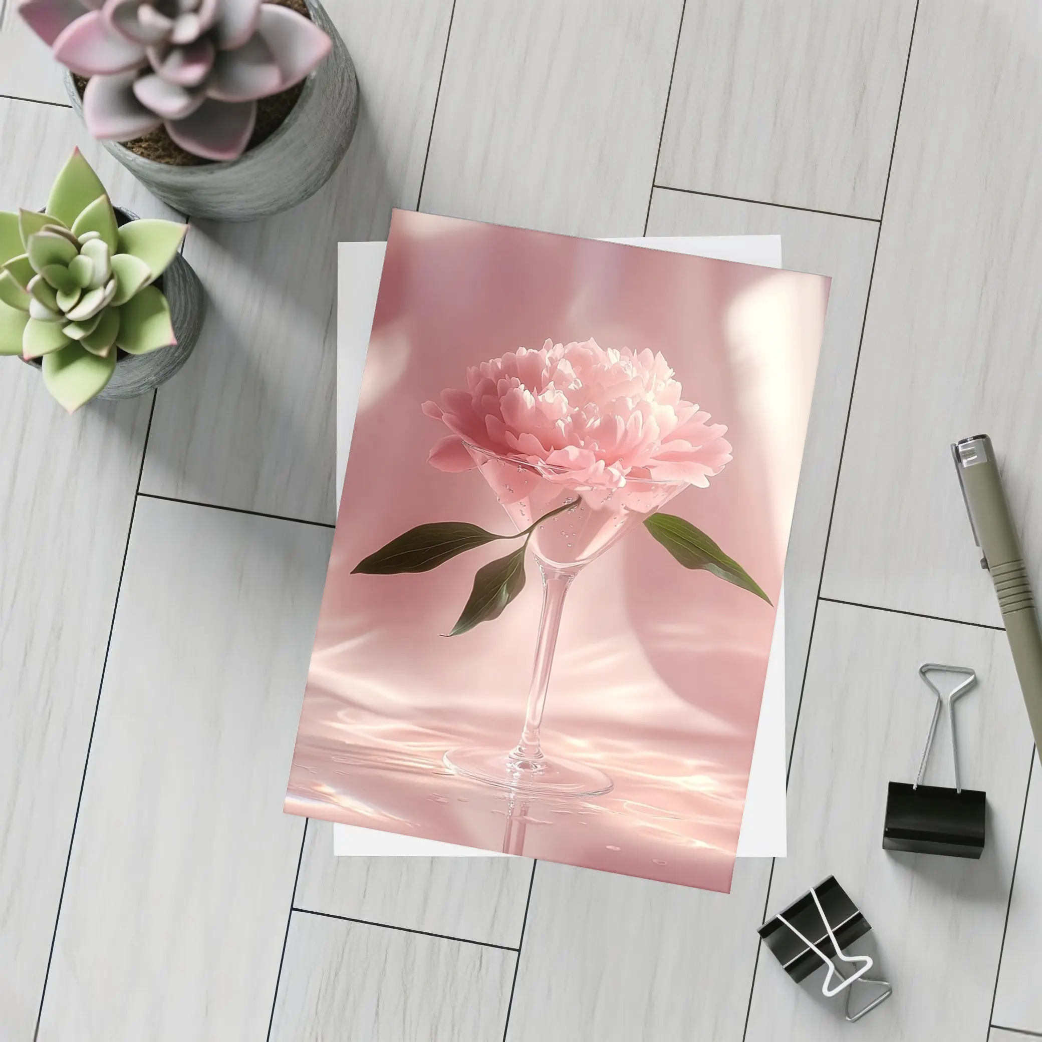 Pink Peony Flower in Glass Pink Background – Postcards