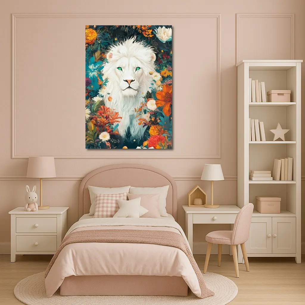 White Lion Green Eyes Floral Garden Art – Wall Art