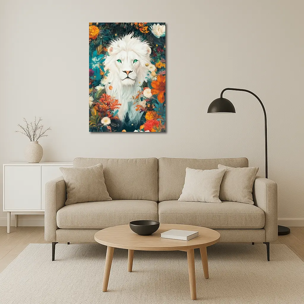 White Lion Green Eyes Floral Garden Art – Wall Art