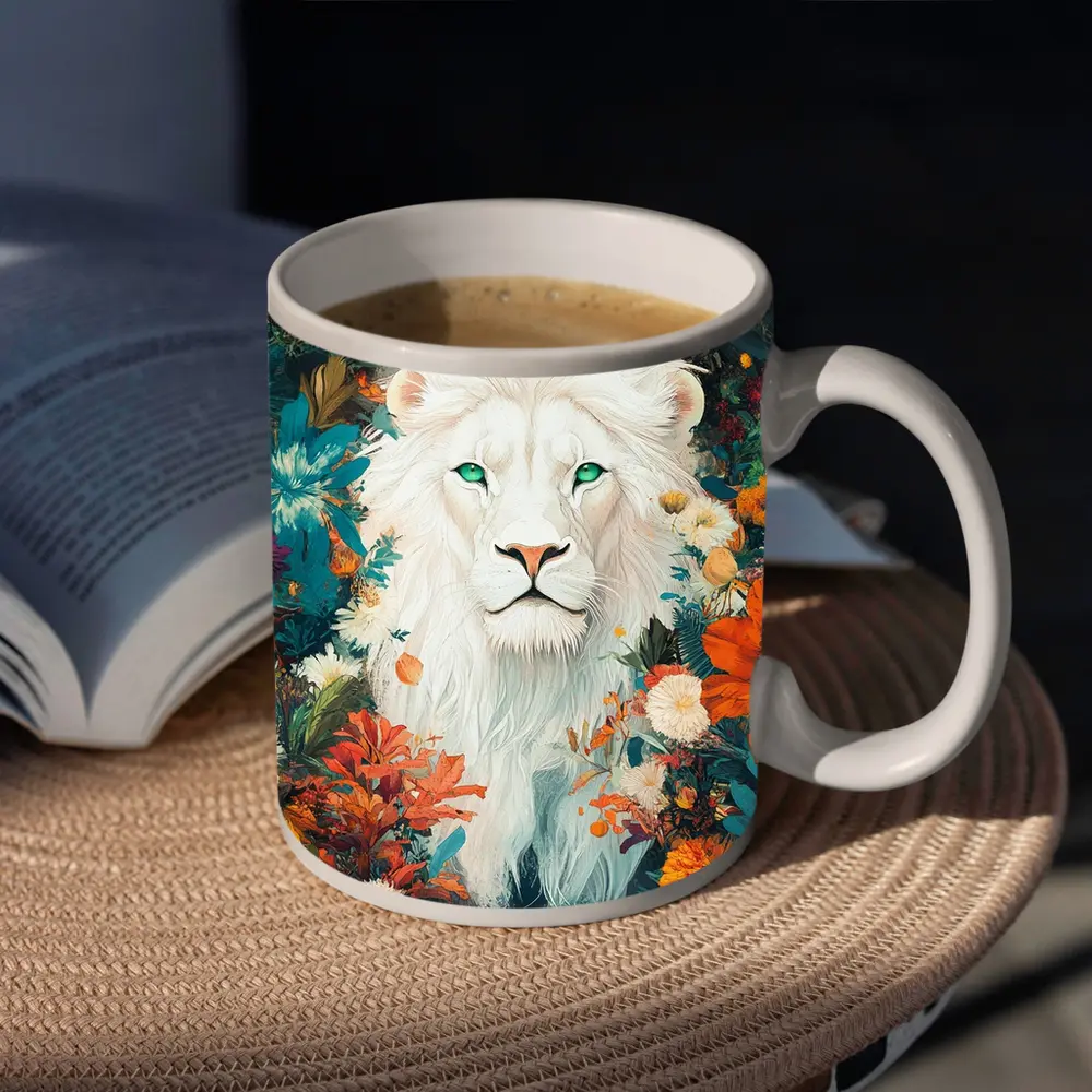 White Lion Green Eyes Floral Garden Art – Mugs