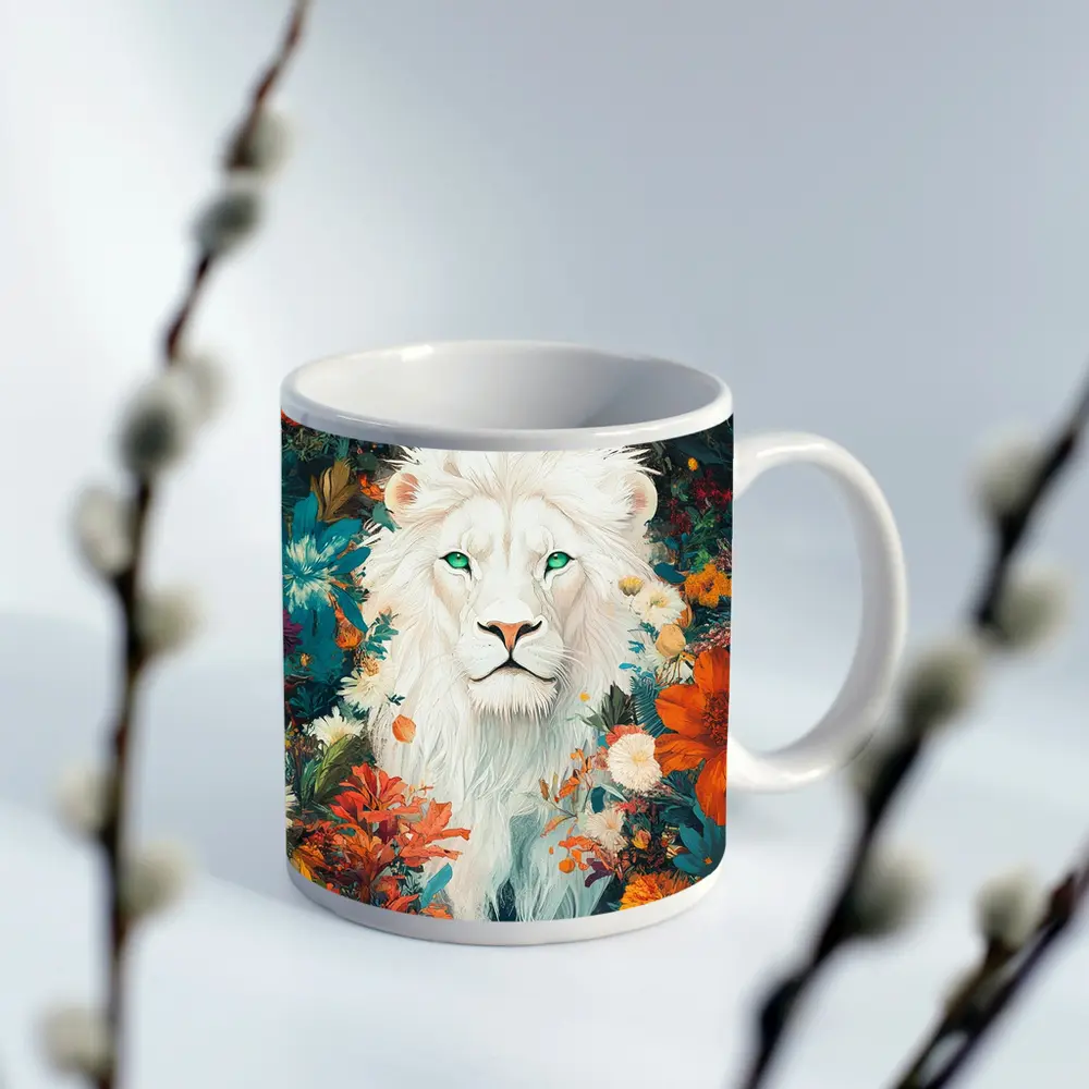 White Lion Green Eyes Floral Garden Art – Mugs