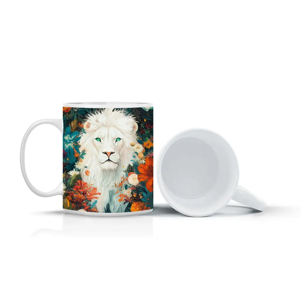 White Lion Green Eyes Floral Garden Art – Mugs